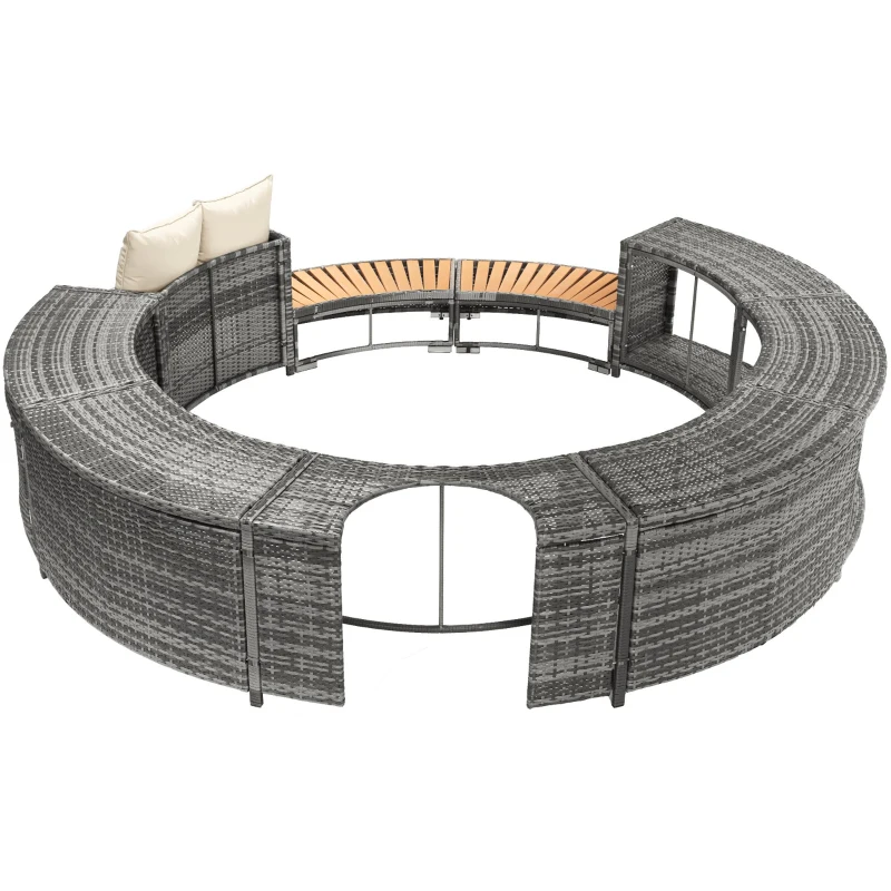 Ensemble de salon de jardin avec canapé rond, pieds réglables, coussins inclus, pour piscine, Gris(m-11)