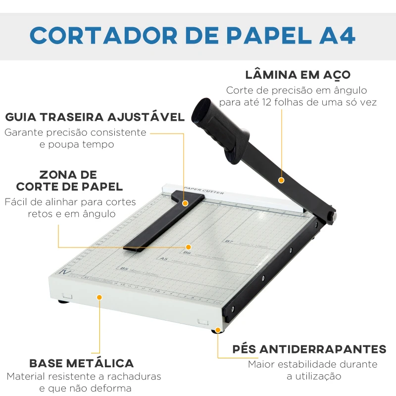 HOMCOM Cortador de Papel A4 Cortador de Papel Profissional Capacidade 12 Folhas com Régua 48x26,5x5 cm Branco