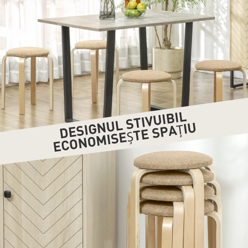 HOMCOM Set 4 Taburete Stivuibile și Căptușite cu Țesătură și Picioare din Lemn, Kaki