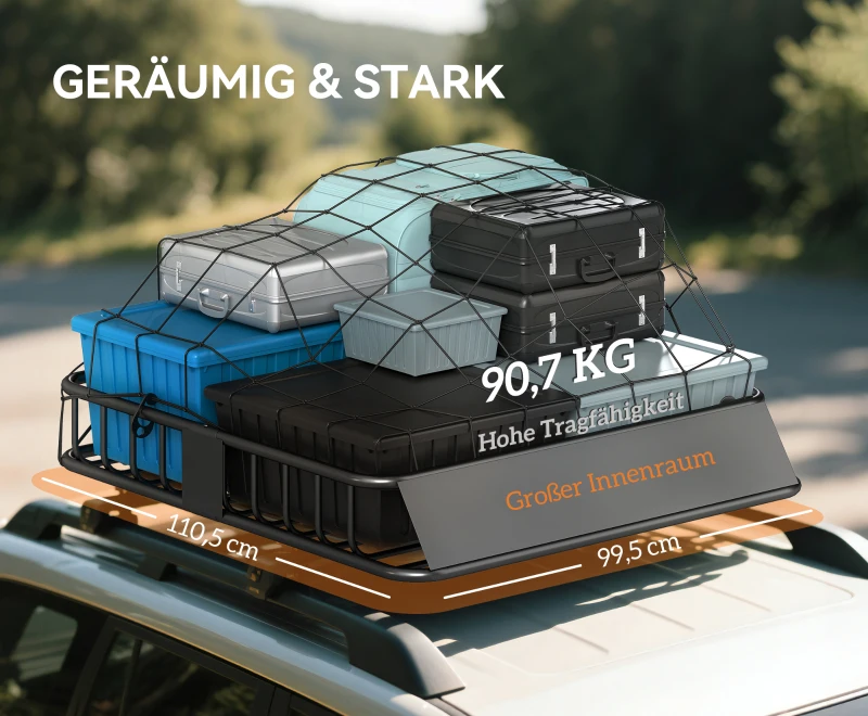HOMCOM Auto Dakbagagedrager, Dakmand, 90,7 kg Draagvermogen, met Winddeflector, Stalen Buizen, Zwart