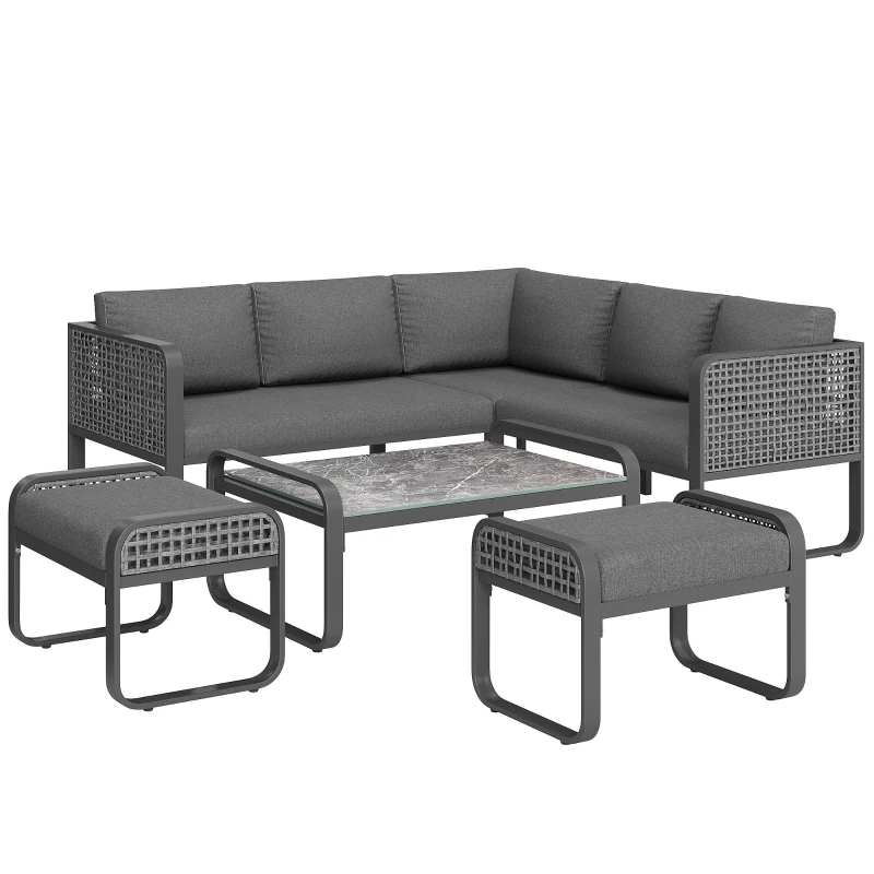 Set de lounge pentru grădină pentru 6-7 persoane, mobilier din ratan cu cadru din fier galvanizat și picioare reglabile, inclusiv perne de șezut și spătar, Gri