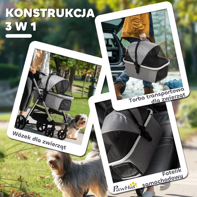 Wózek dla psa PawHut, wózek dla psa 2 w 1, torba transportowa, składany wózek dla psa, szary