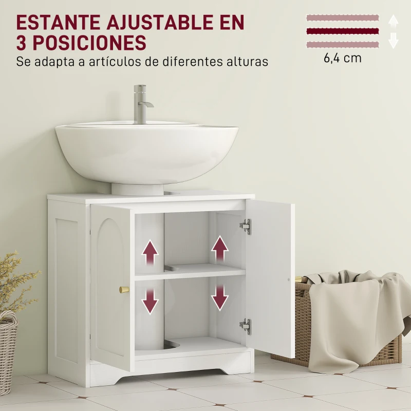 HOMCOM Mueble bajo Lavabo con 2 Puertas con Diseño de Arco Estante Ajustable Tiradores Dorados 60x30x65 cm Blanco