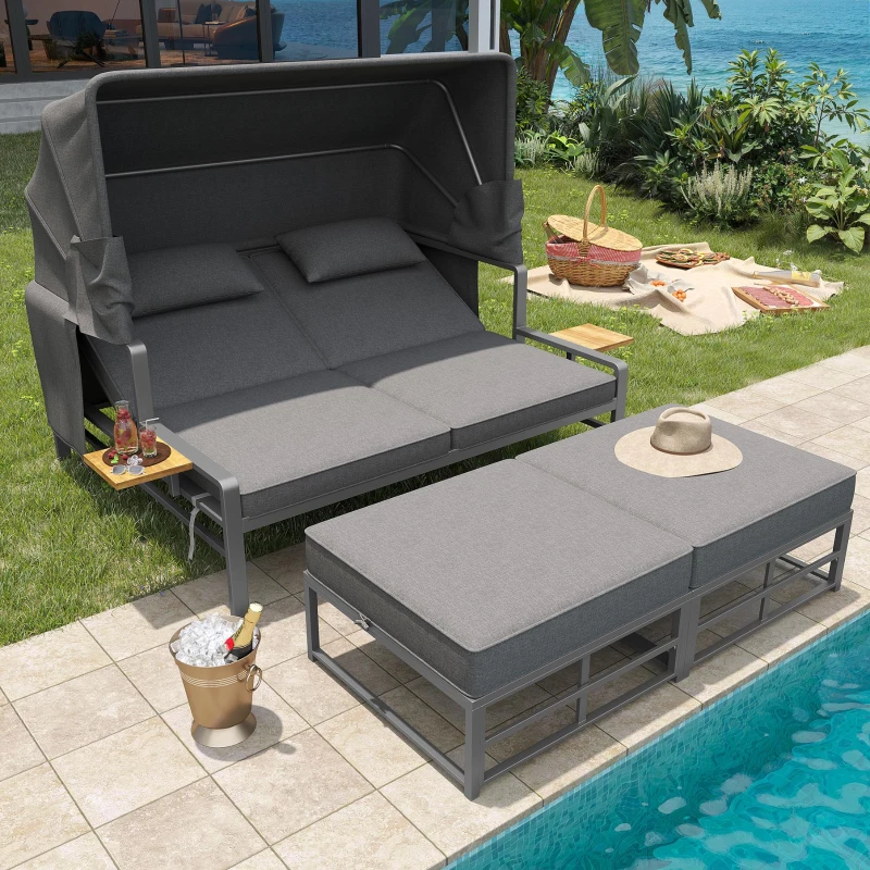 Set da giardino per 2-4 persone, set di lettini prendisole con tetto pieghevole, 130x178x127 cm, Grigio scuro