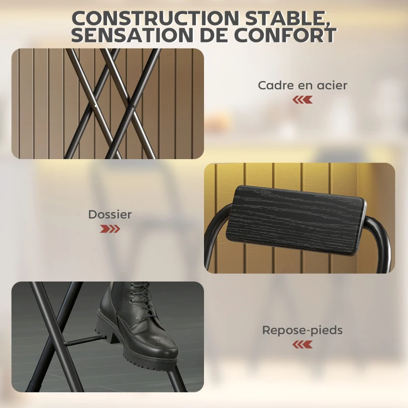 HOMCOM Lot de 2 tabourets de bar pliables avec dossier et repose-pieds, cadre en acier, 87 cm de haut, noir