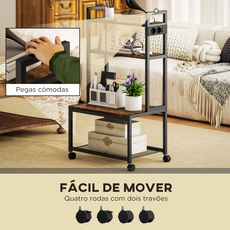 HOMCOM Suporte para Impressora com Estação de Carregamento Móvel para Impressora de 4 Níveis com Rodas e Estrutura Metálica 55x37,5x100 cm Castanho Rústico