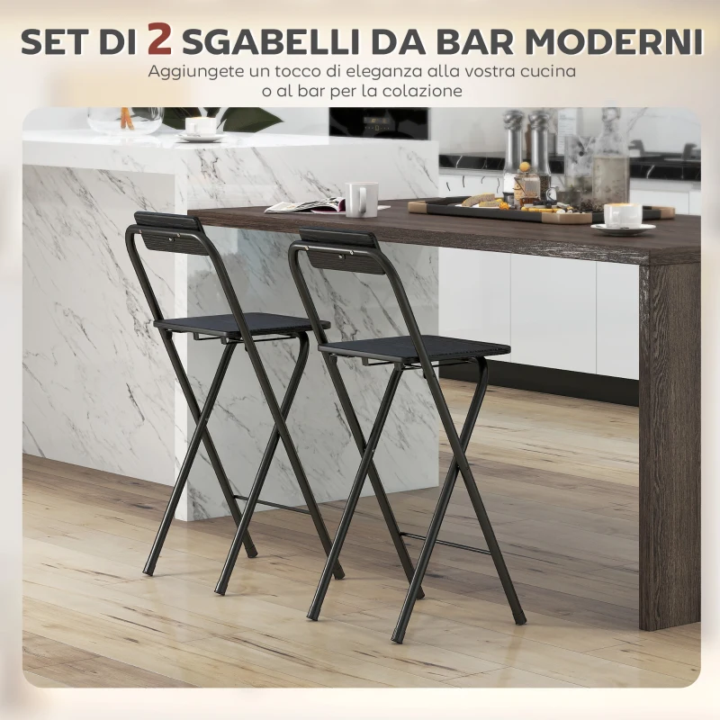 HOMCOM Set 2 Sgabelli da Bar Pieghevoli con Poggiapiedi, in Legno e Acciaio, 37x45x87 cm, Nero
