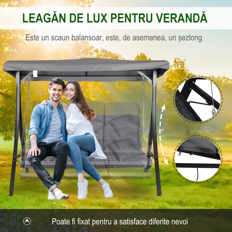 Outsunny Balansoar cu 3 Scaune din Material Textil cu Perne si Acoperis Reglabil, Gri, 200x115x168 cm(m-5)