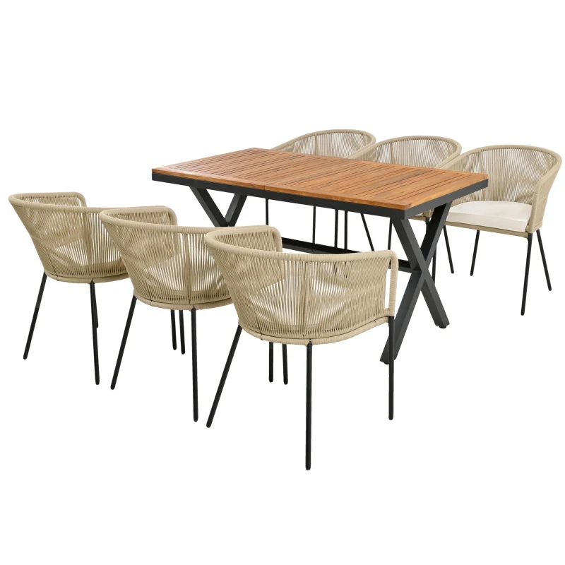 Ensemble de salle à manger de jardin 7 pièces, avec 6 fauteuils et 1 table, corde tissée à la main, coussins de siège amovibles et lavables, Beige(m-16)