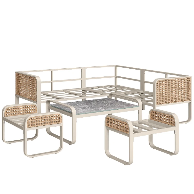 Set da giardino per 6-7 persone con struttura in ferro zincato e rattan, cuscini per seduta e schienale inclusi, 181x181x69 cm, Beige