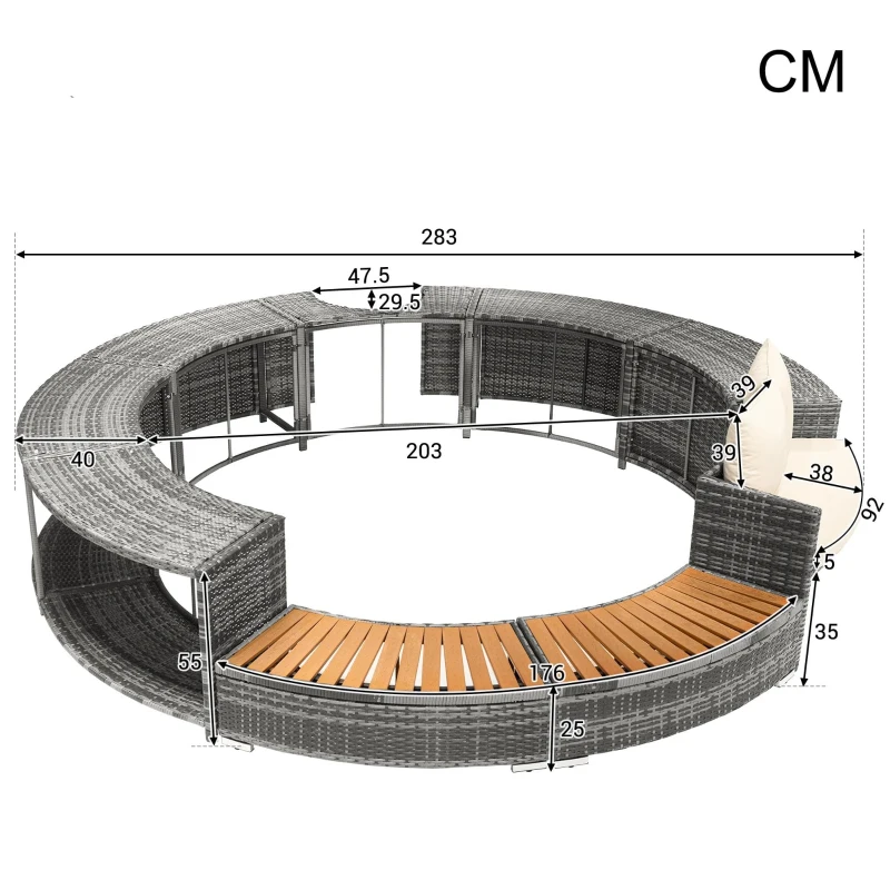 Ensemble de salon de jardin avec canapé rond, pieds réglables, coussins inclus, pour piscine, Gris(m-3)