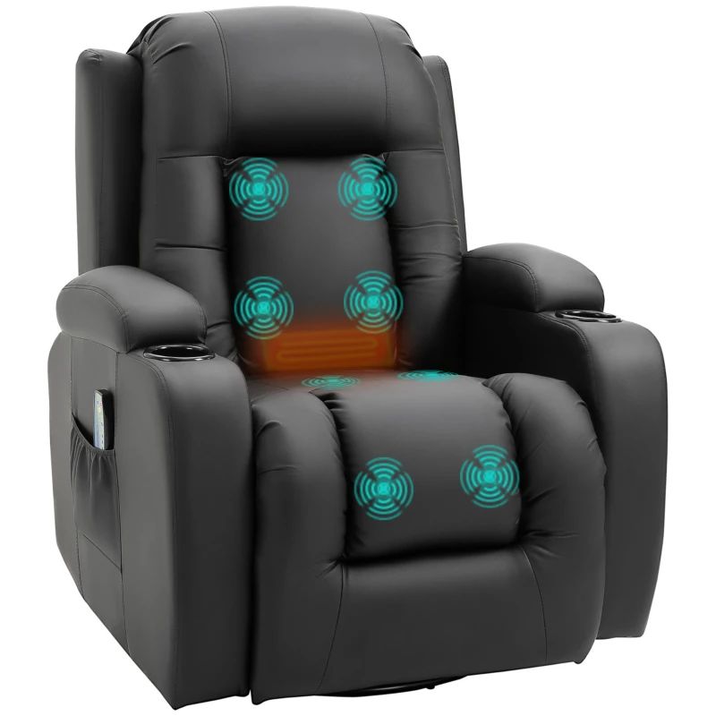 HOMCOM Sillón de Masaje Reclinable con 8 Puntos de Masaje Función de Calefacción Giratorio Mando a Distancia 85x94x104 cm Negro