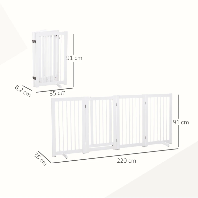 PawHut Bramka Zabezpieczająca dla Psów 4-elementowa, 220 x 91 cm Składana Bramka z Drzwiami, Wolnostojąca, z 2 Podpórkami, Ażurowa, Drewniana, na Korytarz, Kuchnię, Schody, Biała