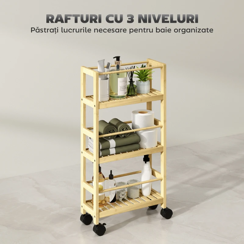HOMCOM Cărucior de Baie cu 3 Niveluri cu Lamele și Roți 36x15x73 cm Culoare Lemn