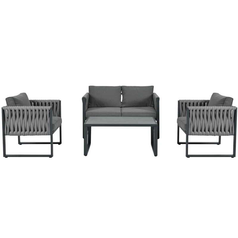 Garten-Loungestuhl-Set, mit Zweiersofa, 2 Einzelsofas und 1 Couchtisch, handgewebtem Seil, Grau