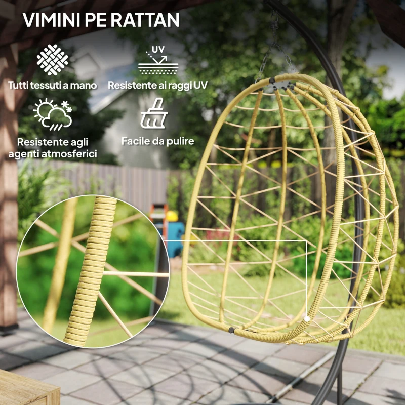 Outsunny Poltrona Sospesa e Pieghevole con Cuscini, in Acciaio e Rattan PE, 102x102x195 cm, Nera Grigia e Beige