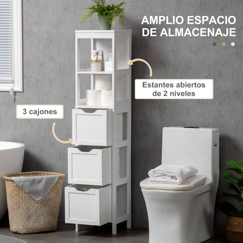 HOMCOM Armario Alto de Baño Estrecho con 3 Cajones y 2 Estantes Abiertos Estilo Moderno 30x30x141,6 cm Blanco