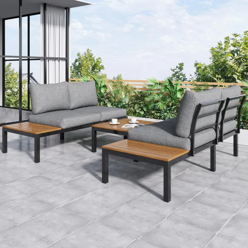 Set di mobili da giardino con 2 divani a 2 posti, 2 tavolini, 1 tavolo, 205x145x66 cm, Grigio