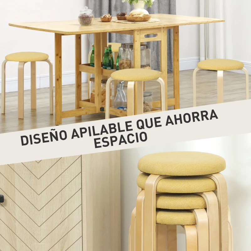 HOMCOM Juego de 4 Taburetes Redondos de Madera Apilables con Asiento Acolchado para Cocina Comedor Dormitorio Amarillo