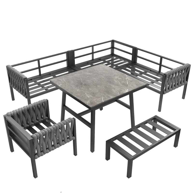 Juego de Muebles de Jardín con Sofá Esquinero y Tablero de Mesa de Vidrio Templado Incluye Cojines de Asiento y Respaldo Gris