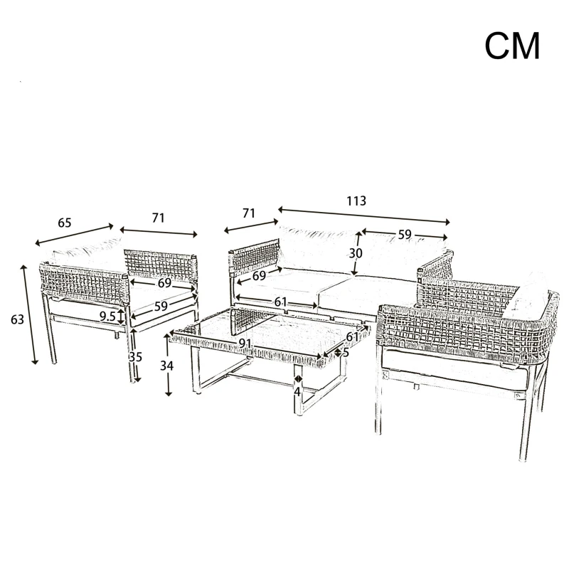 Ensemble de mobilier de jardin 4 pièces avec corde, canapé deux places, 2 fauteuils individuels et table basse, Beige