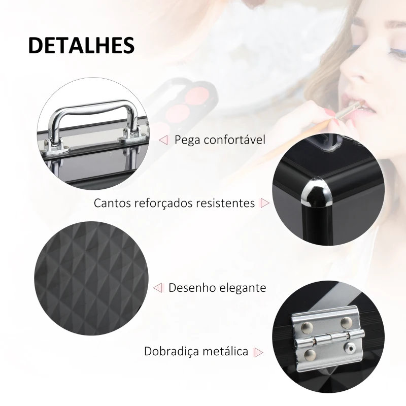 HOMCOM Estojo de Maquilhagem Organizador de Cosméticos Portátil com Múltiplos Níveis Alça e Bandejas 30x18,5x22 cm Preto e Transparente