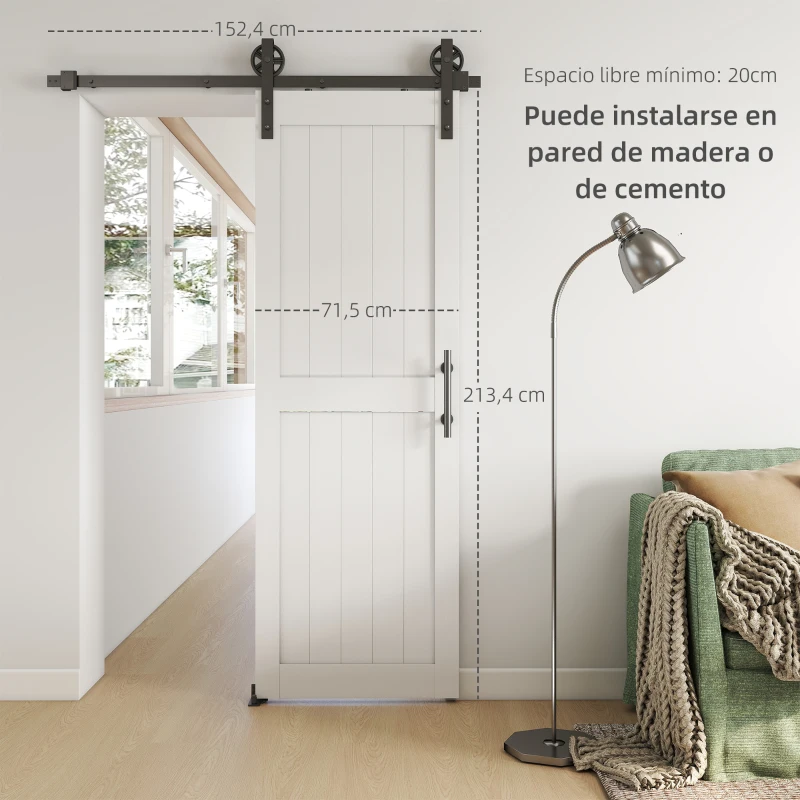 HOMCOM Puerta Corredera de Granero con Herrajes Manija Rodillo y Guía de Suelo Mejorados para Baño Salón 71,5x213,4 cm Blanco