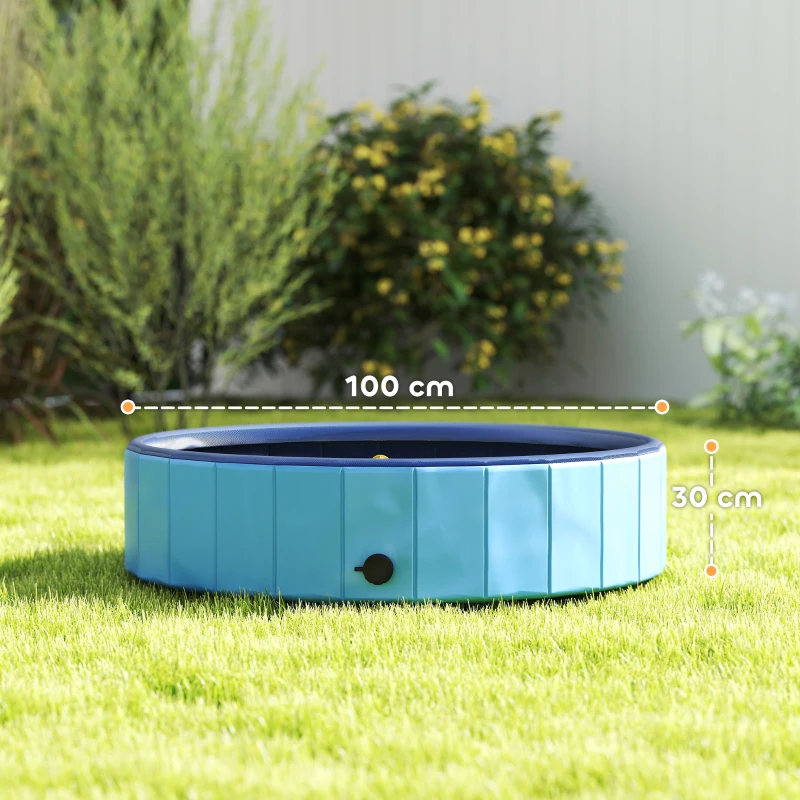 PawHut Piscina para Perros Medianos y Pequeños Plegable con Aspersor de PVC Antideslizante Resistente Ø100x30 cm Azul Claro