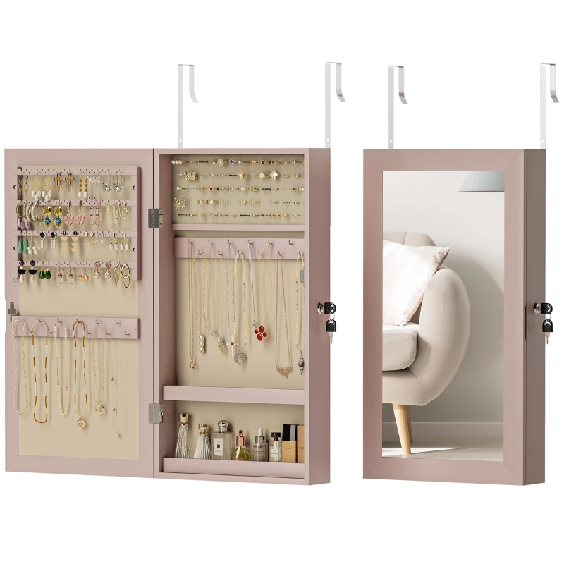 HOMCOM Espejo Joyero de Pared con Cerradura y Varios Compartimentos Montar en Pared o Puerta Rosa y Forro Beige