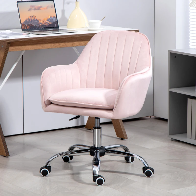 HOMCOM Velvet-Feel Tub Office Chair, with Seat Cushion - Pink