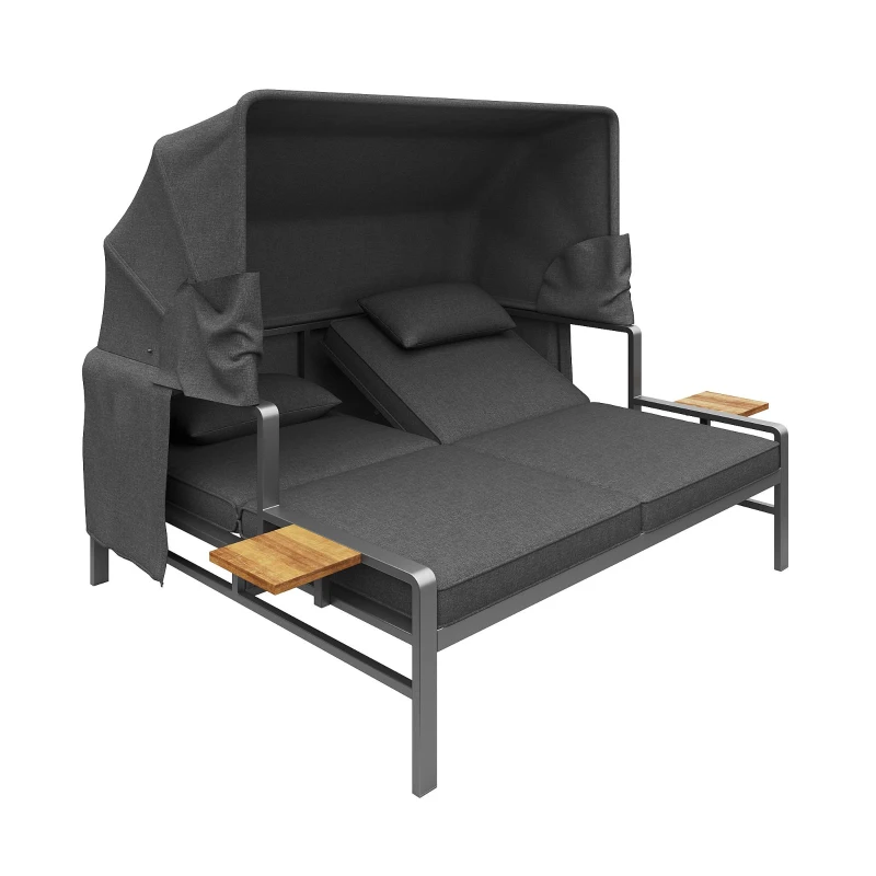 Set da giardino per 2-4 persone, set di lettini prendisole con tetto pieghevole, 130x178x127 cm, Grigio scuro