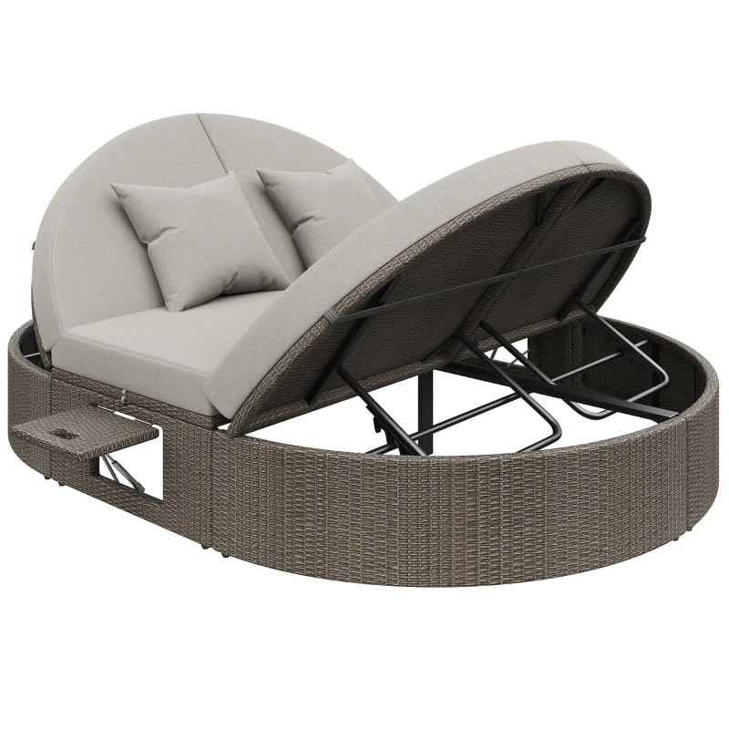 Rattan Doppel-Liege für 2 Personen, Outdoor Tagesbett mit verstellbarer Rückenlehne und seitlichem Regal, 199,9 x 140,5 x 41,9 cm, Grau