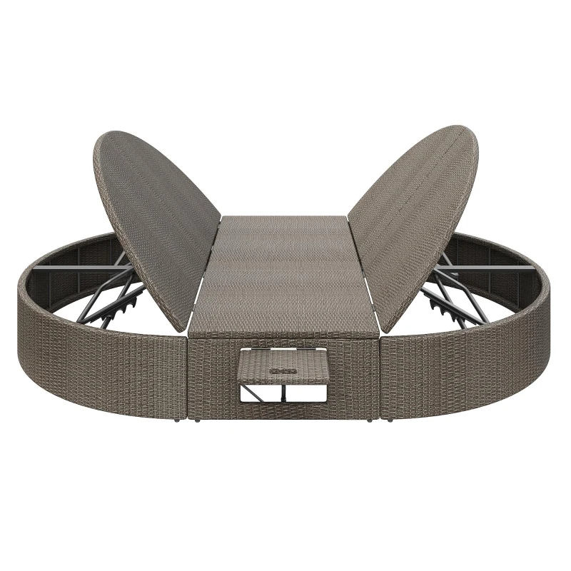 Rattan Doppel-Liege für 2 Personen, Outdoor Tagesbett mit verstellbarer Rückenlehne und seitlichem Regal, 199,9 x 140,5 x 41,9 cm, Grau