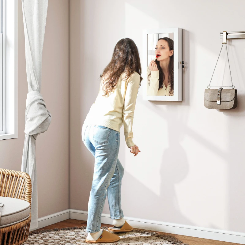 HOMCOM Espejo Joyero de Pared con Cerradura y Varios Compartimentos Montar en Pared o Puerta Blanco y Forro Crema
