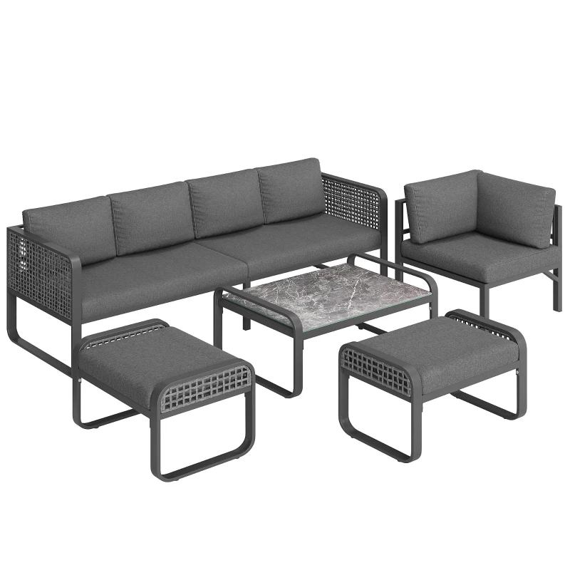 Set de lounge pentru grădină pentru 6-7 persoane, mobilier din ratan cu cadru din fier galvanizat și picioare reglabile, inclusiv perne de șezut și spătar, Gri