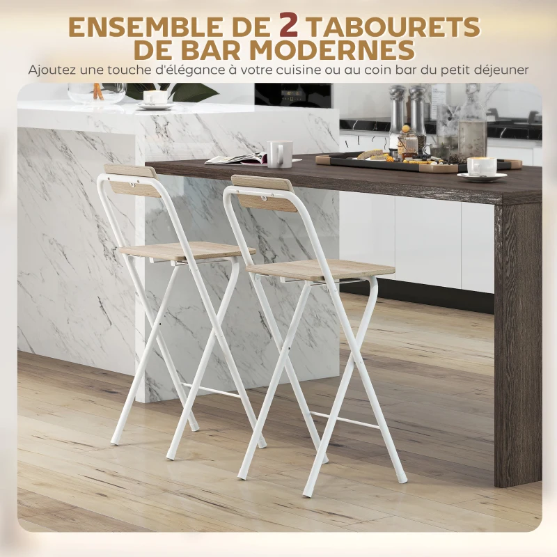 HOMCOM Lot de 2 tabourets de bar pliables avec dossier et repose-pieds, cadre en acier, 87 cm de haut, effet bois naturel