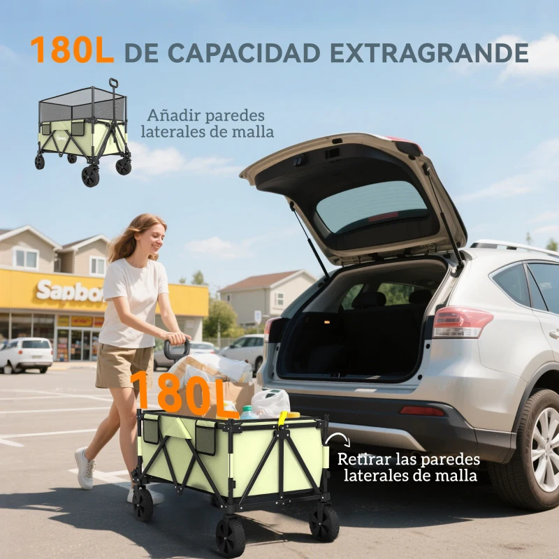 Outsunny Carro Plegable 180 L con Longitud y Ángulo del Mango Ajustables y Paredes Laterales Extensibles Carga 120 kg Caqui