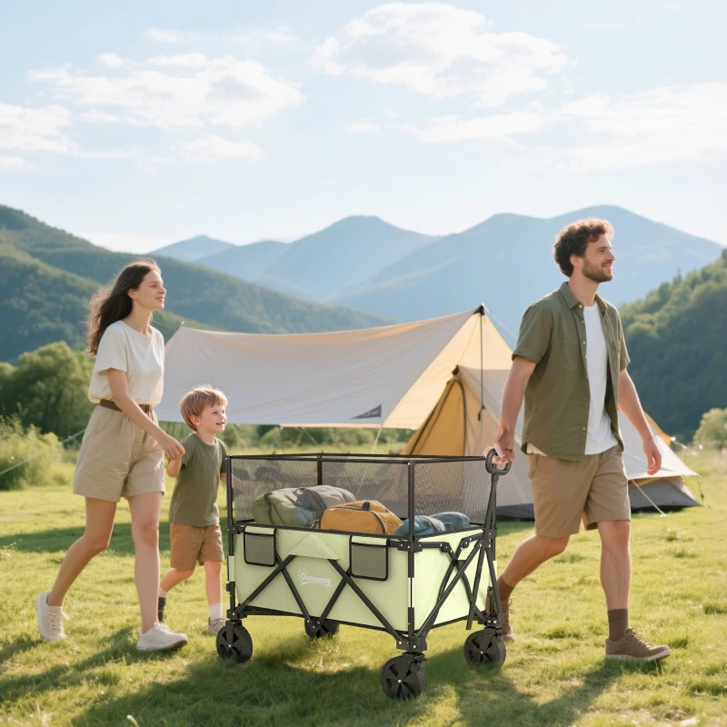 Outsunny Carro Plegable 180 L con Longitud y Ángulo del Mango Ajustables y Paredes Laterales Extensibles Carga 120 kg Caqui