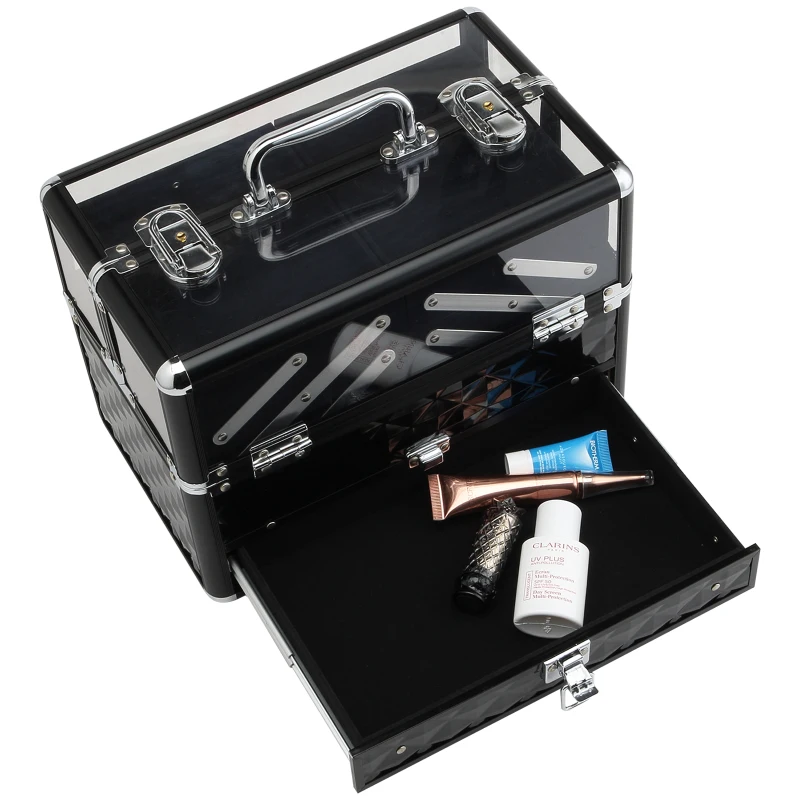 HOMCOM Estojo de Maquilhagem Organizador de Cosméticos Portátil com Múltiplos Níveis Alça e Bandejas 30x18,5x22 cm Preto e Transparente