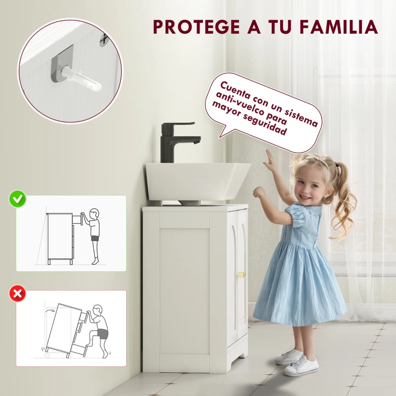 HOMCOM Mueble bajo Lavabo con 2 Puertas con Diseño de Arco Estante Ajustable Tiradores Dorados 60x30x65 cm Blanco