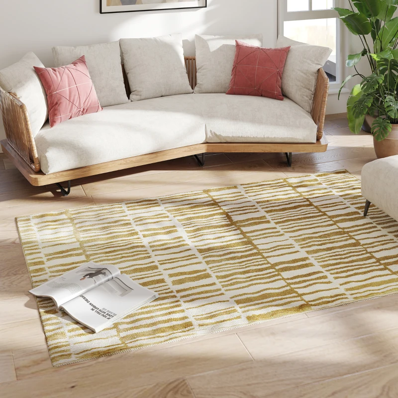 HOMCOM Alfombra Salón 170x120 cm Lavable en Lavadora Pelo Corto Estilo Moderno Tapete para Sala de Estar Dormitorio Crema