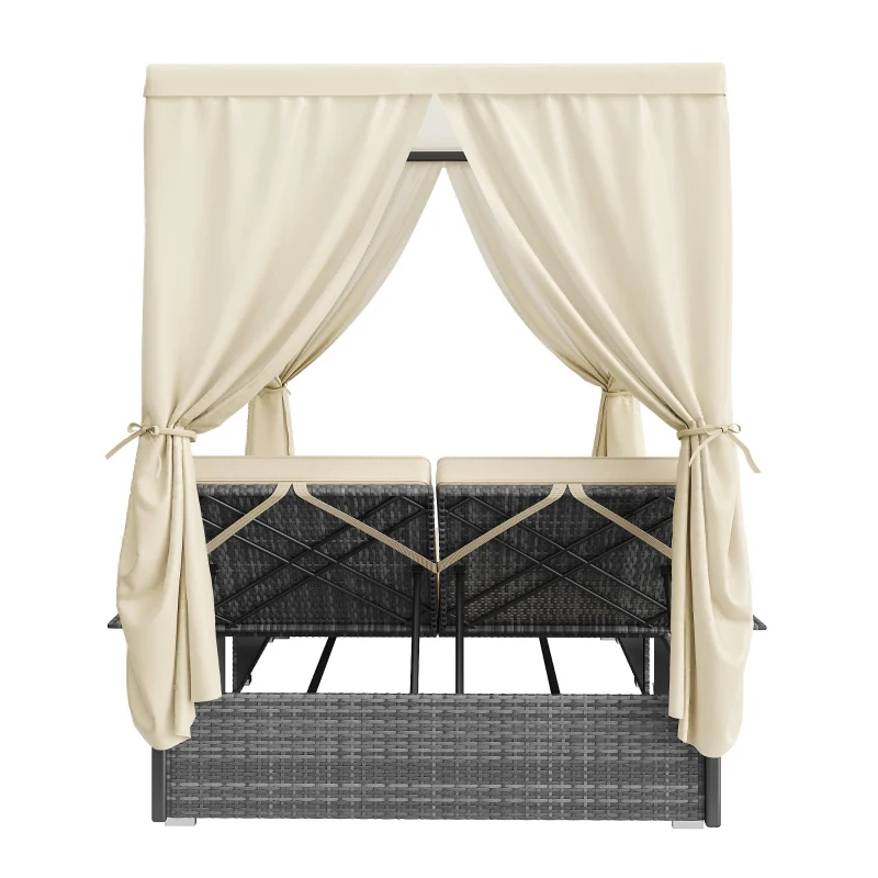 Cama Doble de Jardín con Cortina de Sombra Tumbona de Ratán con Respaldo Ajustable y Mesa Auxiliar Desmontable 187x 128x 186 Cm Beige