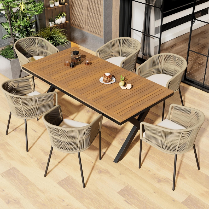 Ensemble de salle à manger de jardin 7 pièces, avec 6 fauteuils et 1 table, corde tissée à la main, coussins de siège amovibles et lavables, Beige