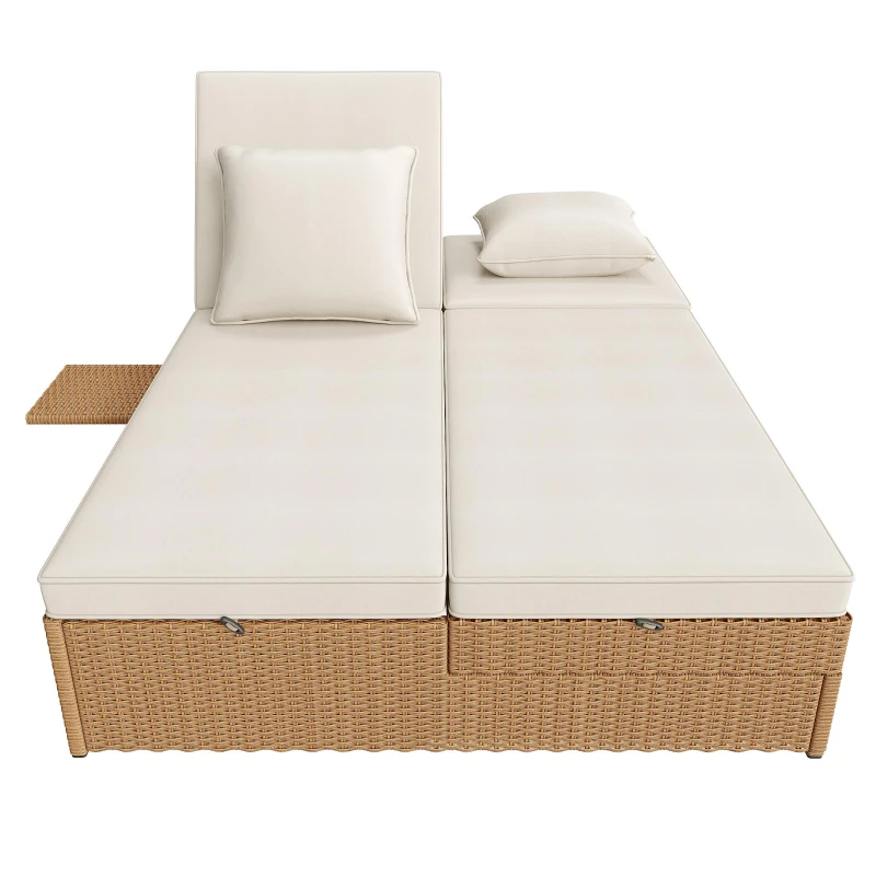 Lit double de jardin extérieur, chaise longue en rotin avec dossier réglable et coussins amovibles, 199x120x37 cm, Blanc