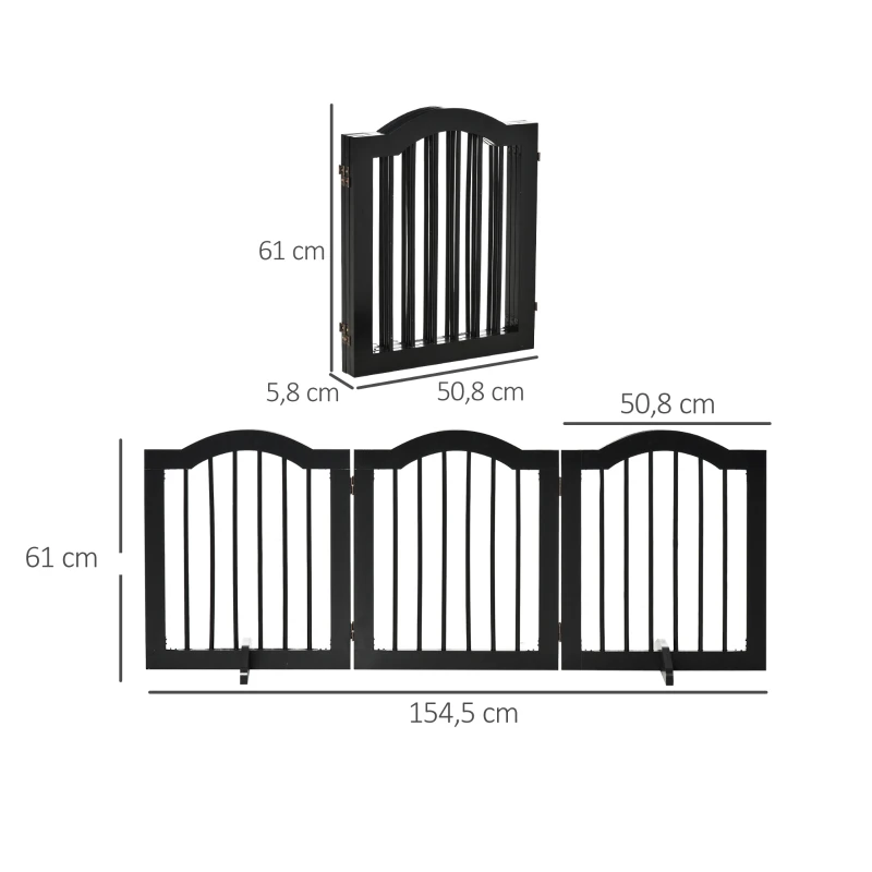 PawHut Bramka ochronna, osłona dla psa, różne konfiguracje, 3-częściowa, z dwoma nóżkami podporowymi, stabilna, składana, do użytku wewnątrz i na zewnątrz, MDF, czarna, 154,5 x 29,5 x 61 cm