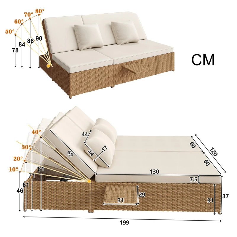 Lit double de jardin extérieur, chaise longue en rotin avec dossier réglable et coussins amovibles, 199x120x37 cm, Blanc