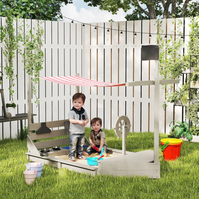 Outsunny Zandbak met Zonnedak in Piratenschip Stijl, Inclusief Keukenspeelset voor Kinderen, Massief Hout, 180 x 103 x 144,5 cm, Grijs