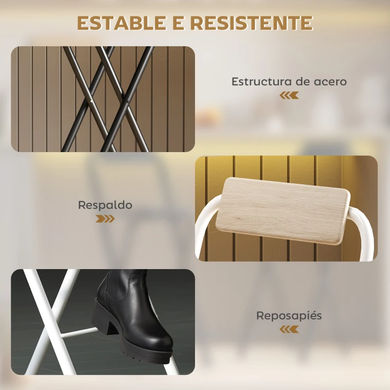 HOMCOM Juego de 2 Taburetes de Bar Plegables con Respaldo Reposapiés y Marco de Acero para Comedor Mostrador Natural