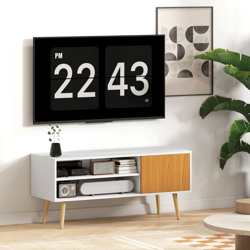 HOMCOM Mueble de TV con 2 Compartimentos Orificio para Cables para Televisión de 55 Pulgadas 110x40x50 cm Blanco y Natural