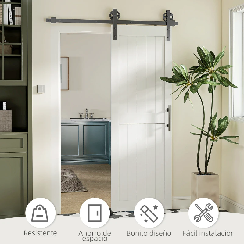 HOMCOM Puerta Corredera de Granero con Herrajes Manija Rodillo y Guía de Suelo Mejorados para Baño Salón 71,5x213,4 cm Blanco